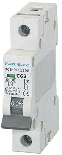 Pro Elec AUB1 1P C63A 63A Single Pole Type C MCB, 6kA