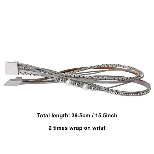 AZORA Gray Leather Wrap Bracelet for Women Pearl Crystal Charm Rope Braided Cuff Bracelets Handmade Jewelry Gift for Teens Girls - Thumbnail 3
