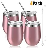 KeShi Insulated Wine Tumbler with Lid 4 pack Stainless Steel Stemless Wine Glass 12 oz Double Wall Vacuum Insulated Wine Tumbler for Coffee, Wine, Cocktails, Ice Cream, Including 4 Straws (Rose Gold)