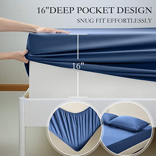 LIANLAM Queen Bed Sheets Set - Super Soft Brushed Microfiber 1800 Thread Count - Breathable Luxury Egyptian Sheets 16-Inch Deep Pocket - Wrinkle and Hypoallergenic-4 Piece(Queen, Navy Blue)