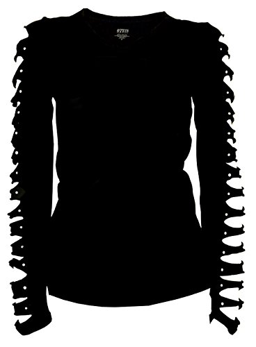 Bling Bling Long Sleeve Rhinestones T-Shirt Cut Out Ripped Top (Medium) Black