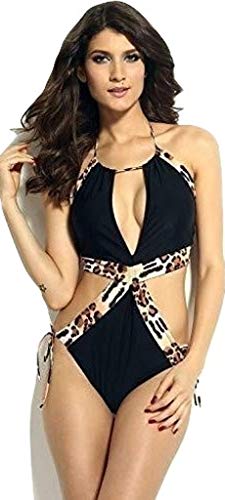 Leopard Print Trim Strappy Cutout One Piece Swimsuit Swimwear Summer