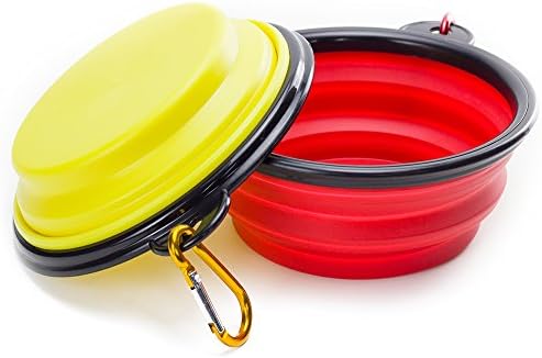 Imesun Collapsible Dog Bowls, Silicone Travel Pet Bowls Foldable ,Leakproof Dog Cat Food Water Bowl with Free Carabiner, Food Grade Expandable Cup Dish (2 Pack - Yellow &amp; Red)