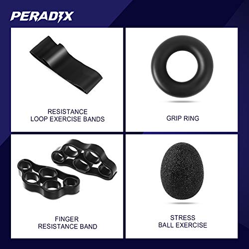 Peradix Hand Grip Strengthener Workout Kit, 6 Pack Forearm Grip Adjustable Resistance Hand Gripper, Finger Exerciser, Finger Stretcher, Grip Ring, Resistance Bands & Stress Relief Ball for Athletes