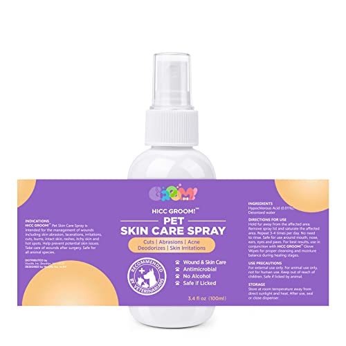 HICC GROOM! HOT SPOT TREATMENT AND ITCH RELIEF SPRAY FOR DOGS & CATS, RAPIDLY ALLEVIATE DRY ITCHY SKIN, SKIN ALLERGIES, SCRATCHING, EXCESSIVE LICKING, WOUND WASH SPRAY, 3.4 FL OZ
