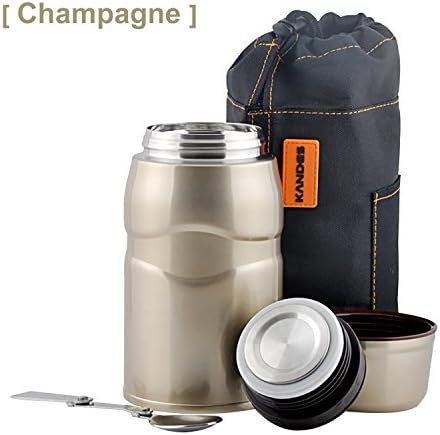 Vacuum Insulated Stainless Steel Food Jar, Double Walled Leak Proof Thermal Food Flask with Folding Spoon, Handbag, Storage Container Cup for Kids for Picnic/Camping/Travel, 25.6oz (Champagne Gold)