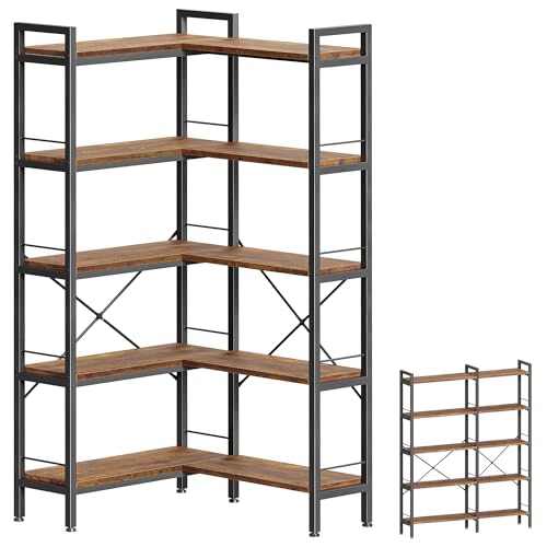 Huuger 5 Tier Bookshelf, L Shaped Corner Bookshelf with 10 Open Shelves,