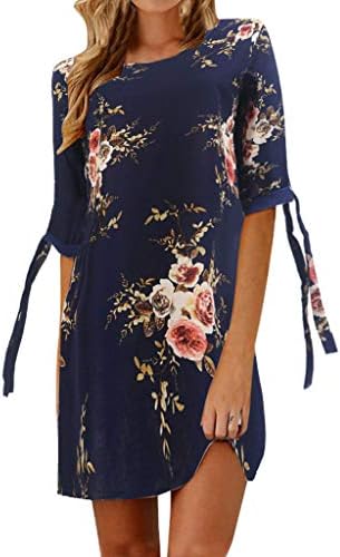 Women's Summer Round Neck Casual Mini Dress Tie Sleeve Floral Swing Fit Chiffon Plus Size Tunic T-Shirt Dress Cocktail