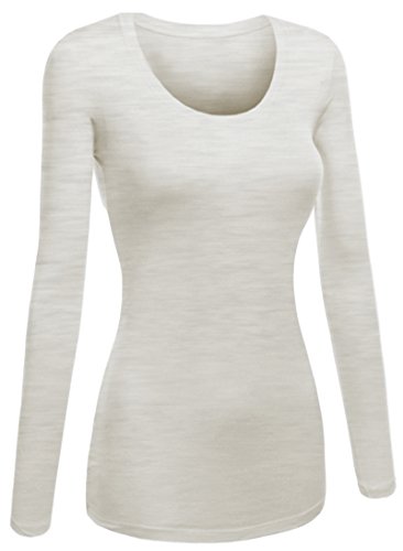 Emmalise Women's Plain Basic Scoop Neck Long Sleeve Tshirt Tee - Oatmeal, S