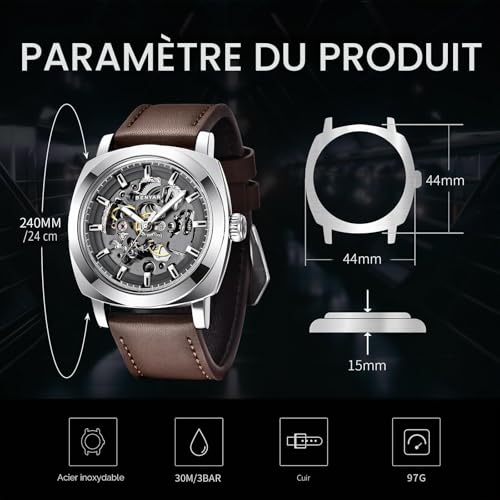 BENYAR - Men's Automatic Mechanical Watch - Leather Strap - Gold Movement - 45mm Skeleton Dial - Water Resistant and Scratch Resistant - Stylish Gift for Men