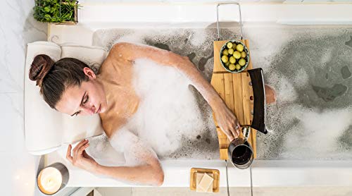 Bamboo Bath Tub Tray Caddy: Luxury Bathtub Tray with Wine Glass Holder, Book Stand & Phone, iPad Tablet Rest. Wooden Spa Bath Accessories for a Relaxing Bubble Bath for Women & Men