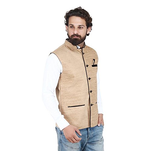 jetfire solid beige men's velvet waistcoat | nehru jacket - modi jacket