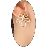 Dainty Pearl Flower Stud Earrings for Women Vintage Bead Floral Earrings Hollow Statement Earrings Christmas Anniversary Jewelry Gift