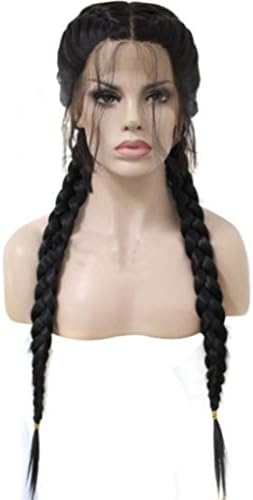 Hechun Synthetic Baby Hair Braided Double Lace Front Wig Long Black Ombre Black Wigs for Theme Party Performance KTV (Black)