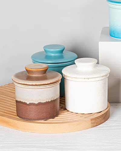 XELA Porcelain Butter Keeper Crock, French Butter Crock for Counter, Butter Keeper With Water Line for Fresh Spreadable Butter-Wax Blue