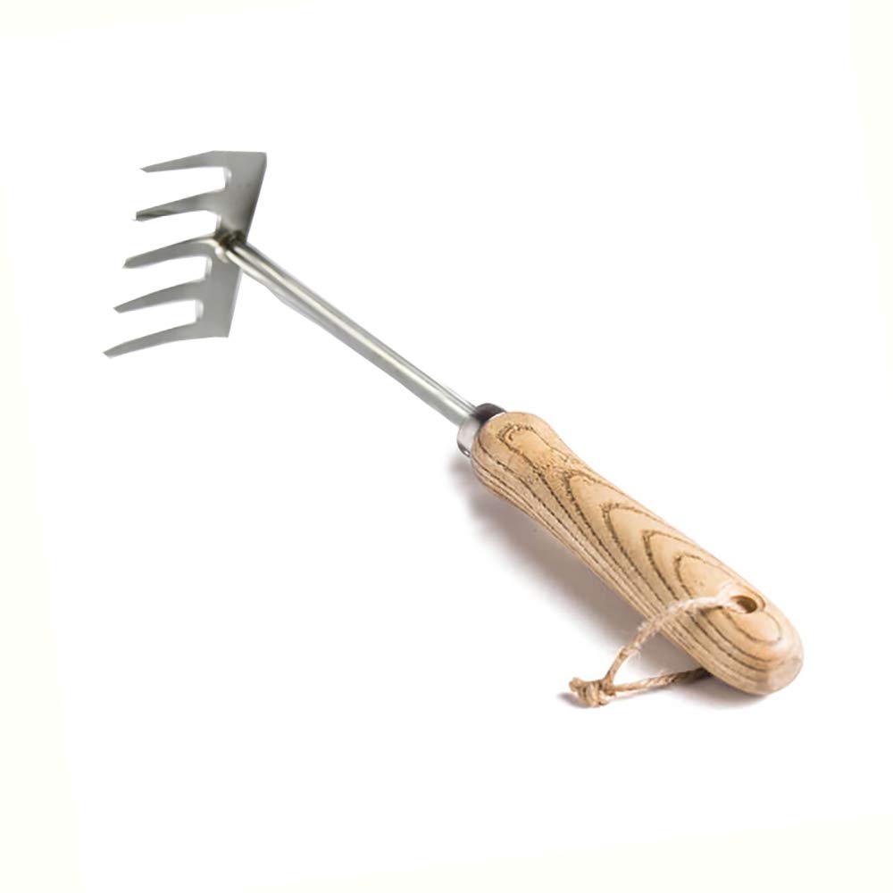 Hand Garden Rake with 5 Steel Tines,Hand Cultivator Rake with Ergonomic Wooden Handle,Hand Tiller Garden Tool for Weeding and Loosens Soil