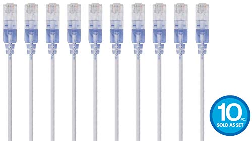 Monoprice SlimRun Cat6A Ethernet Patch Cable - Network Internet Cord - RJ45, Stranded, 550Mhz, UTP, Pure Bare Copper Wire, 10G, 30AWG , 5ft, White, 10-Pack
