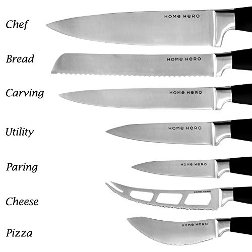 Stainless Steel Knife Set with Block - 13 Kitchen Knives Set Chef Knife Set with Knife Sharpener, 6 Steak Knives, Bonus Peeler Scissors Cheese Pizza Knife & Acrylic Stand - Best Cutlery Set Gift