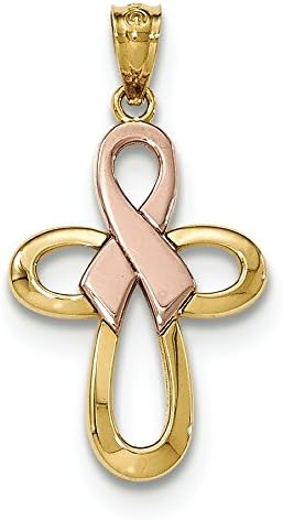 14K Two-tone Gold Breast Cancer Awareness Pink Ribbon Latin Cross Charm Pendant
