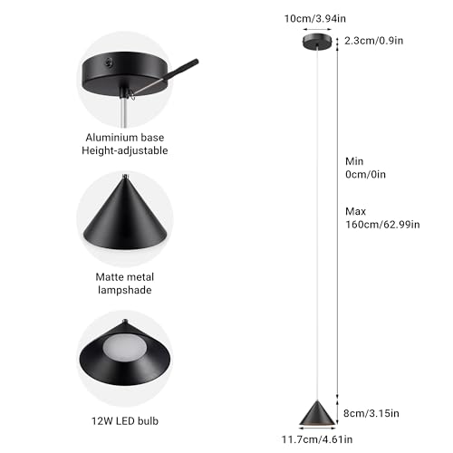 lundwa LED Suspension Lamp Conical Aluminium, 3PCS Hanging Lamps Bedside Table – Modern Design 12W 3000K 800LM Adjustable Textile Cable for Kitchens Dining Room, Bedroom, Coffee (Black)