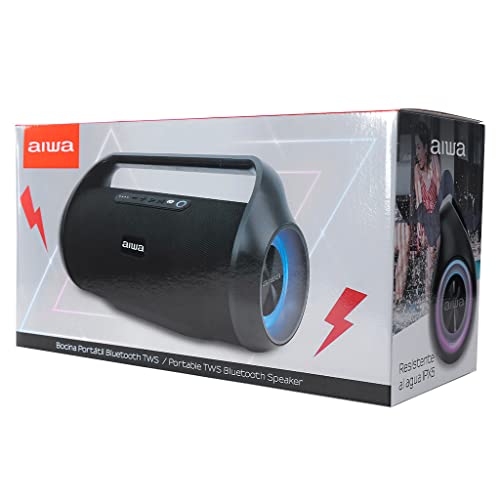 Aiwa Bocina Inalámbrica AWS800BT con 70 W RMS, Bluetooth 4.2, TWS, IPX5 Resistente al Agua, Radio FM, Iluminación RGB, Batería 3600 mAh, Entrada USB y Diseño Portátil Color Negro