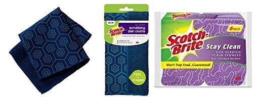 Scotch-Brite Blue Dishwashing Cloths Non-Scratch Scrub Dots Plus Stay Clean Kitchen Scrubber Sponges Bundle