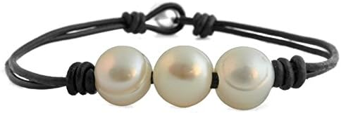 Bodai Fashion Braided Leather Knotted Bracelet Handmade Pearls Jewelry for Women (6.5 inches with 3 beads)