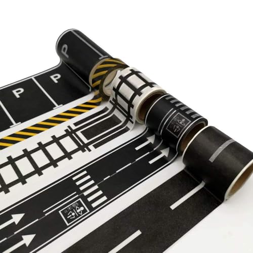 TERRIFI Play Road Tape for Toy Cars & Trains, 3 Rolls of Black Tape, Each 197 inch x 1.9 inch, Includes Traffic Signs, Sticks to Floors and Walls, Easy Cleanup, No Residue, Kids Gift