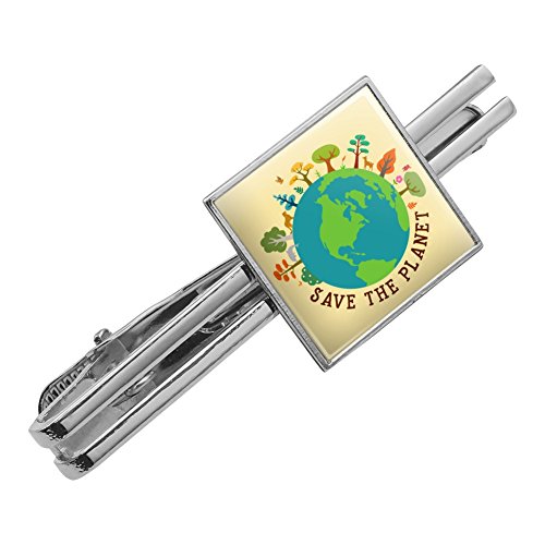Save The Planet Illustration Conservation Square Tie Bar Clip Clasp Tack Silver Color