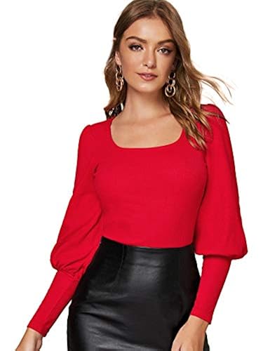SheIn Women's Solid Scoop Neck Blouse Leg-of-Mutton Long Sleeve