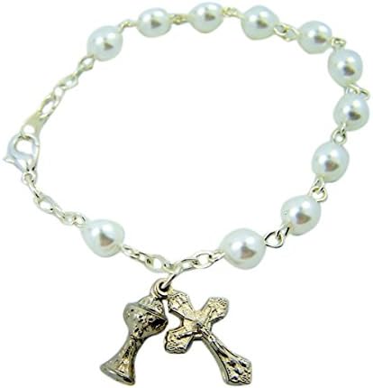 White First Communion Rosary Bracelet with Silver Tone Chalice and Crucifix Charm, 6 1/2 Inch