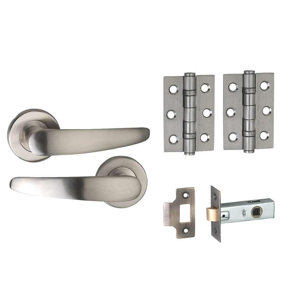 Designer Levers - Elegance Lever on Rose Door Handle - 76mm Tubular Latch and 76mm Ball Bearing Hinges Included - Easy Grip - 1 Pair - Brushed Satin Nickel - Interior Use