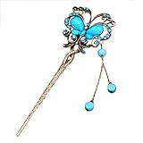 Qiyun women's elegant looking antique brass metal decorative hair stick pin with tassel for long hair - turquoise blue