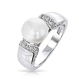 Bling Jewelry Art Deco Style Simulated Pearl Pave Cubic Zirconia Ring Rhodium Plated
