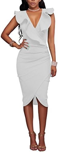 Metisy Ruffle V Neck Summer Dresses Casual Sexy Knee Length Bodycon Elegant Dress Sleeveless Women Vestidos White XL