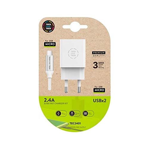 Charger Tech One Tech 2.4 Dual USB + Braided Nylon Micro USB Android Cable Length 1 m White