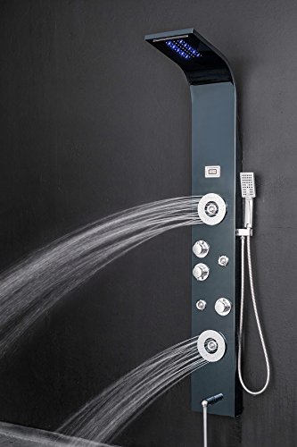 Firebird 63" Rainfall Waterfall Black Finish Stainless Steel Multi-Function Bathroom Shower Panel System w/ LED Head Jets Handheld Wand