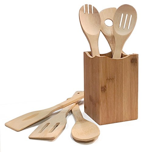 Comllen Premium Organic Kitchen Utensil Bamboo Wooden Set, 6 Piece Set Bamboo Spoons and Spatulas Cooking Utensils with Bamboo Holder Square