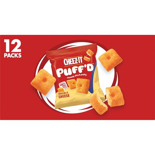 CHEEZ-IT PUFF’D CHEESY BAKED SNACKS, PUFFED CRACKERS, KIDS SNACKS, GRAB N’ GO, DOUBLE CHEESE, 8.4OZ BOX (12 POUCHES)