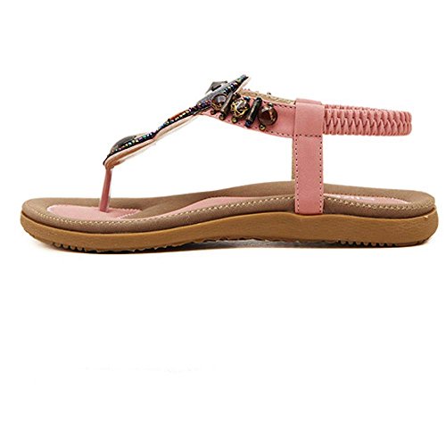 Kauneus Women Fashion Sandals Sweet Beaded Clip Toe Flats Bohemian Herringbone Sandals 2019 Pink