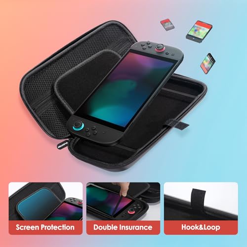 LENTION Capa para Switch 2 com Caixa de Proteção, Resistente à Água, Capa Rígida, Acomoda 10 Cartões de Jogo, Leve com Alça, Bolsa de Malha para Acessórios (Exclusivo para Switch 2, (Preto)