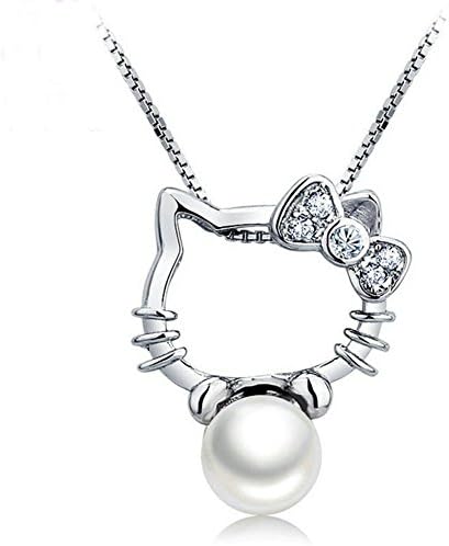 Huiyin Jewelry Sterling Silver Hello Kitty Cat and Freshwater Pearl Pendant Necklace