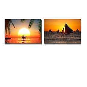 Tropical Scenery Sailboats Against Beautiful Sunset in Boracay Philippines - Canvas Art Wall Art - 16"x24" x 2 Panels