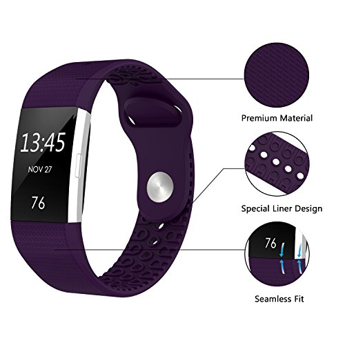 SWEES Silicone Bands Compatible Fitbit Charge 2, 3 Packs Sport Breathable Replacement Bands Women Men Small & Large (5.7" - 8.3"), Black, Grey, Navy Blue, Pink, White, Teal - Thumbnail 4