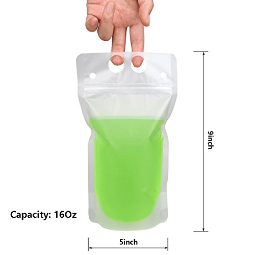 100 Pcs Zipper Plastic Pouches Drink Bags,Heavy Duty Hand-Held Translucent Frosted Reclosable Stand-up Bag 2.4" Bottom Gusset with 100pcs Straws & Funnel Included