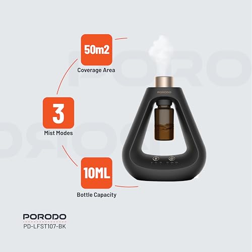 Porodo Essential Oil Diffuser, Mini Scent Air Machine, Waterless Diffuser with Timing & 3 Mist Levels, Aroma Diffuser for Home Scent Aromatherapy Diffuser, Room, Car, Office (Black)