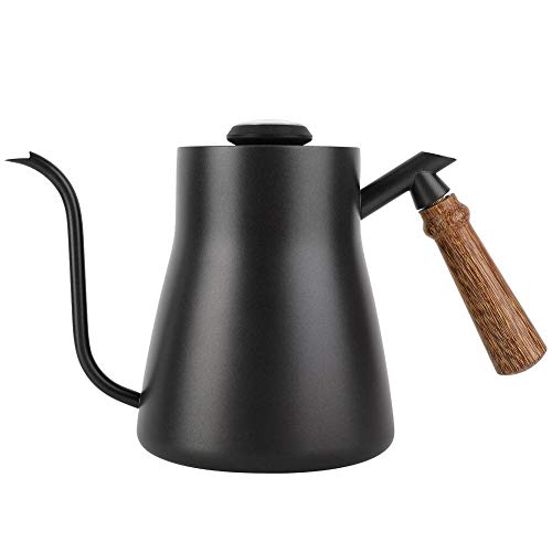 TOPINCN 850Ml Coffee Hand-Washing Pot Stainless Steel Drip Over Coffee Kettle Gooseneck with Wooden Handle Thick Teflon Not Support Heating(with Thermometer)