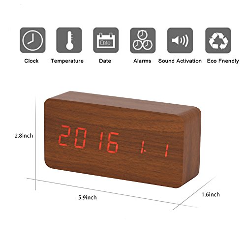 KABB Digital Clock, Wooden Alarm Clock, LED Desk Shelf Clock with Triple Alarms Calender Temperature Display and Voice Control Travel Clock for Office Home Decor (6 Inches) - Thumbnail 5