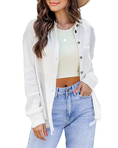 IGENJUN WHITE BUTTON DOWN FLANNEL SHIRT WOMEN TOPS...