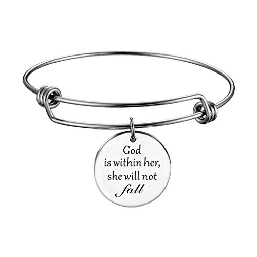 SOUSYOKYO "God is Within her. she Will not Fall" Handmade Beautiful Christian Bangle Charm Bracelet